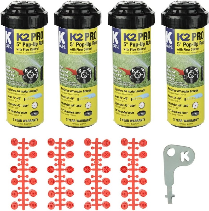 K-Rain K Rain K2 Pro 3/4" Gear Drive Rotor 5" Pop-Up| 18' - 40' Spray Distance, 40° - 360° Arc Spray Pattern with Full-Circle Gear Driven Rotor | Includes Install Kit (4 Pack) - Image 1